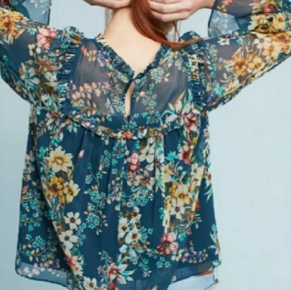 Anthropologie Eri + Ali Blue Boho Floral Velma Blouse Top Size Small Long Sleeve - Picture 3 of 11